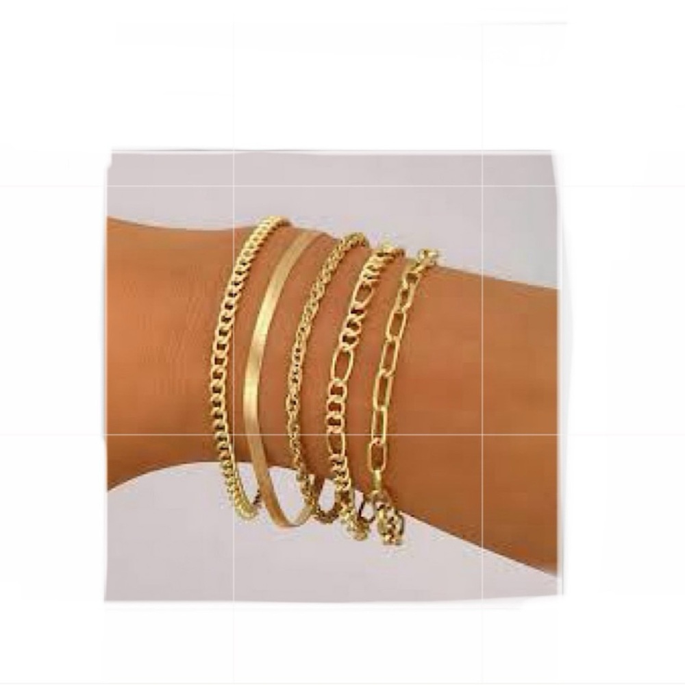 5 Pcs Stackable Paperclip Link Herringbone Figaro Rope Cuban Chain Bracelets Set